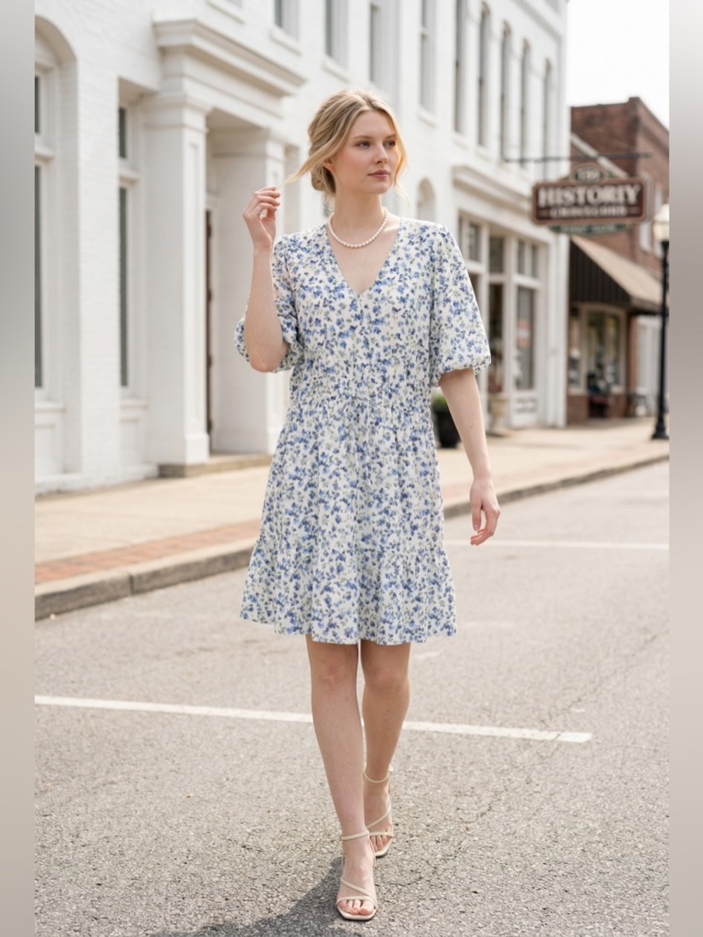 Kate and Lily Dress blue floral design cream background tiered midi modest 2X